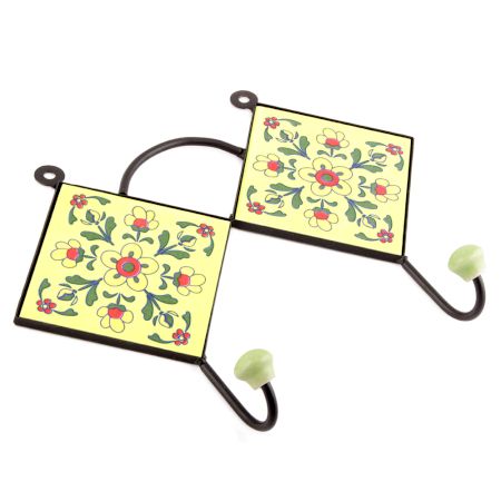 Yellow And Forest Green Leaf Ceramic Tiles Hooks